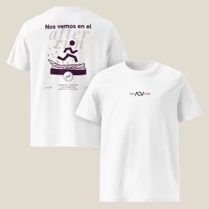 Diseño de camiseta blanca con gráficas de identidad de marca para el club de runners de la clínica ANAVICTORIA.