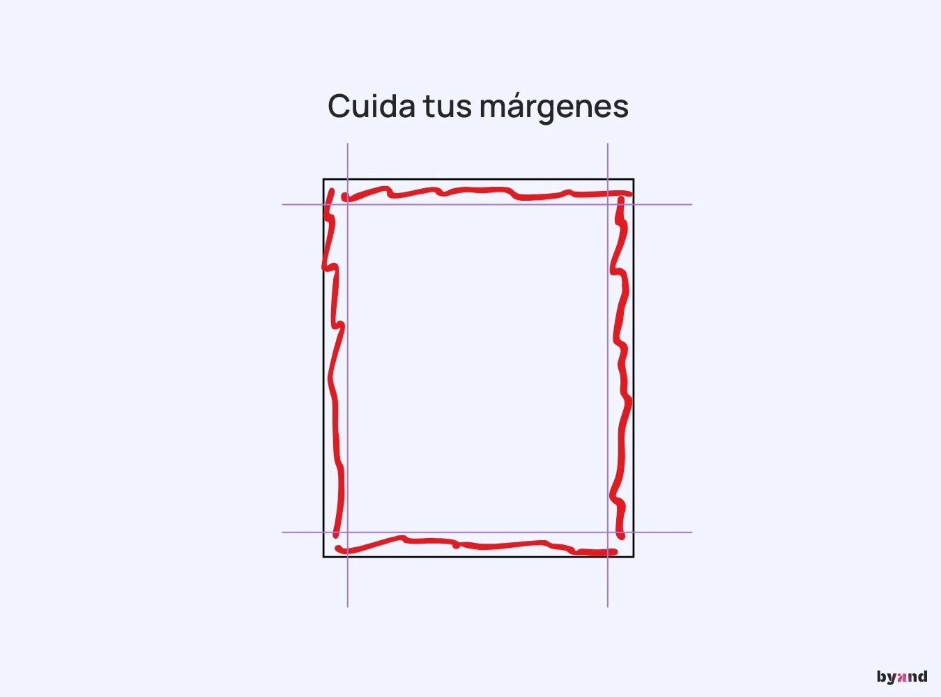 Ilustración con guías visuales que muestran la importancia de respetar los márgenes en una composición gráfica. La imagen marca las zonas seguras con líneas y contornos en rojo.