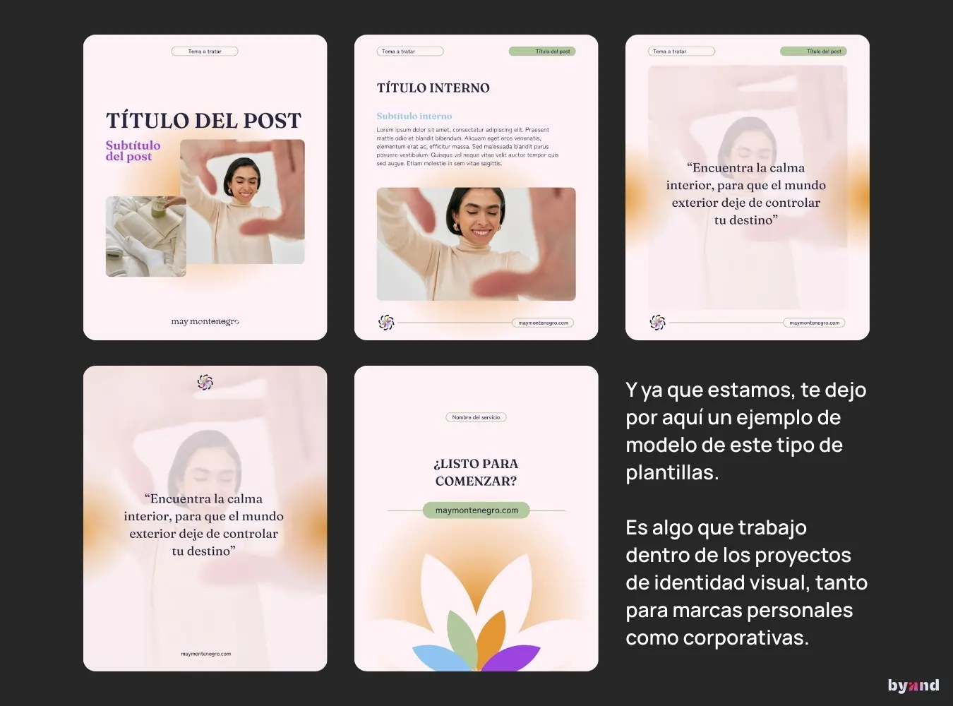 Muestra de una plantilla de carrusel diseñada en Canva, con estilo limpio y jerarquía visual clara. Incluye ejemplos de portada, contenido interno, frases y llamada a la acción.