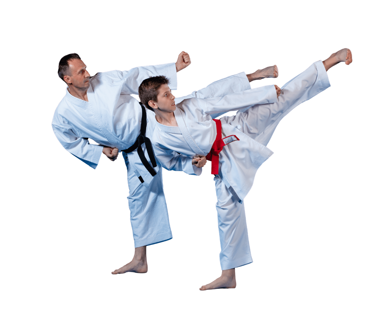 Entrenador y joven practicando karate, simbolizando disciplina, entrenamiento personal y tradición deportiva.