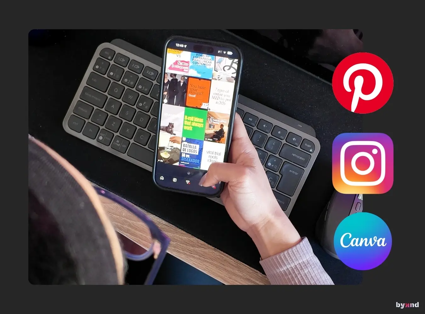 persona buscando inspiración para marca personal en pinterest e instagram con canva en el móvil